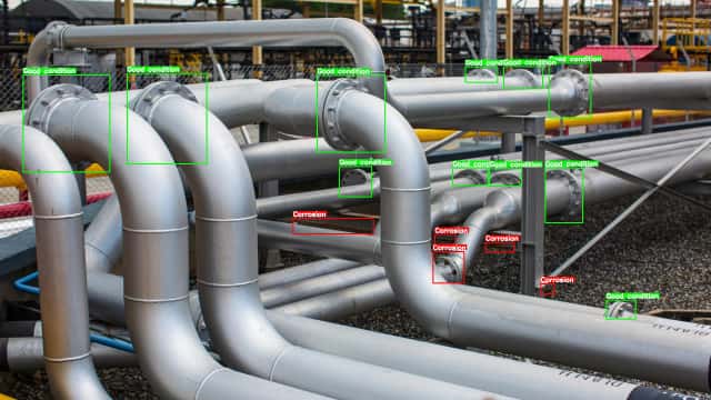 AI visual inspection in oil and gas industry monitoring pipelines for corrosion, cracks, leaks, and inspecting storage tanks and flare stacks for safety compliance.