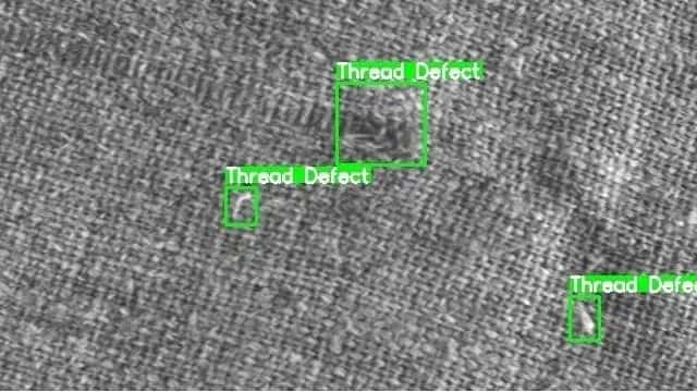 AI visual inspection in textile industry identifying weaving defects, color variations, misaligned patterns, and stitching irregularities for quality assurance.