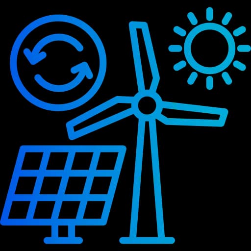  Icon representing renewable energy with AI-enabled inspection of solar panels, wind turbines, and energy storage assets for optimized performance.