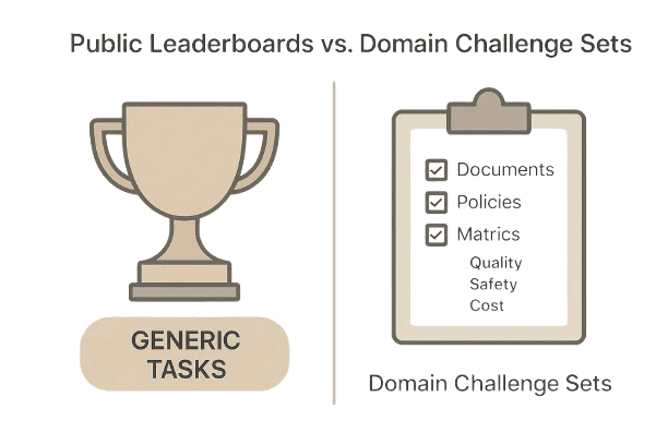 Image comparing public leaderboards and domain challenge sets with trophy and checklist icons.