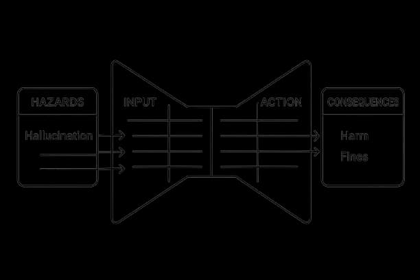 Bow-tie risk diagram showing hazards like hallucination on the left, control categories in the center, and consequences such as harm or fines on the right.