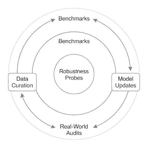 Circular flow diagram showing the model improvement cycle with components: Data Curation, Model Updates, Real-World Audits, Benchmarks, and central Robustness Probes indicating continuous evaluation and feedback.