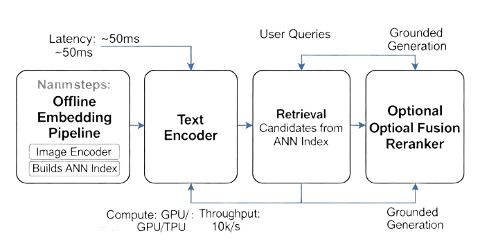 Flow diagram showing a text-image retrieval architecture with an offline embedding pipeline, text encoder, retrieval from ANN index, and optional fusion reranker for grounded generation.