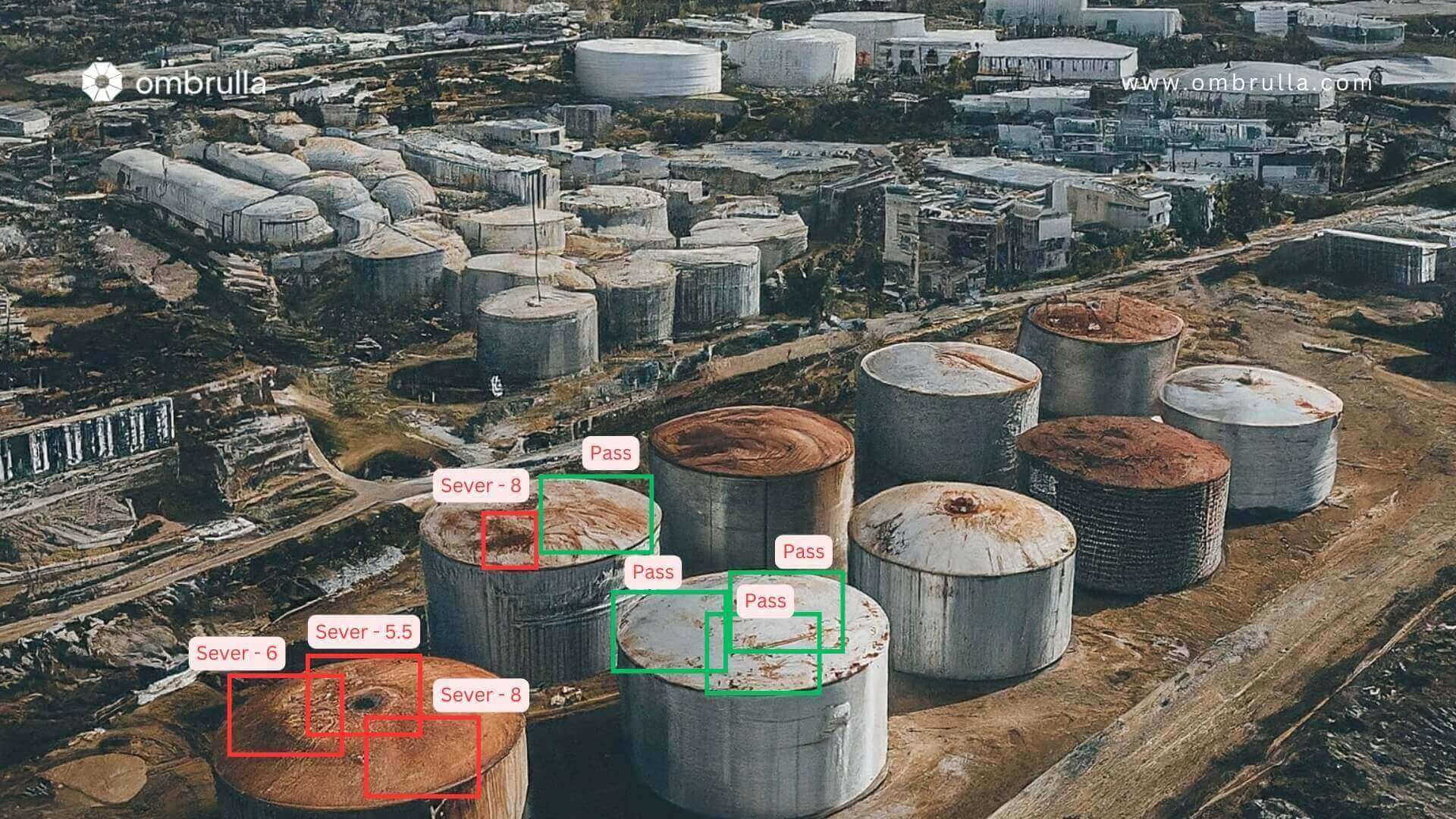 The image  highlights the corrosion detection on storage tanks in the oil and gas industry and shows  multiple storage tanks, some marked with red boxes indicating corrosion severity levels ranging from 5.5 to 8.0, while others are marked with green boxes labeled 'Pass,' showing no significant issues. The visual emphasizes the varying degrees of corrosion across the facility.