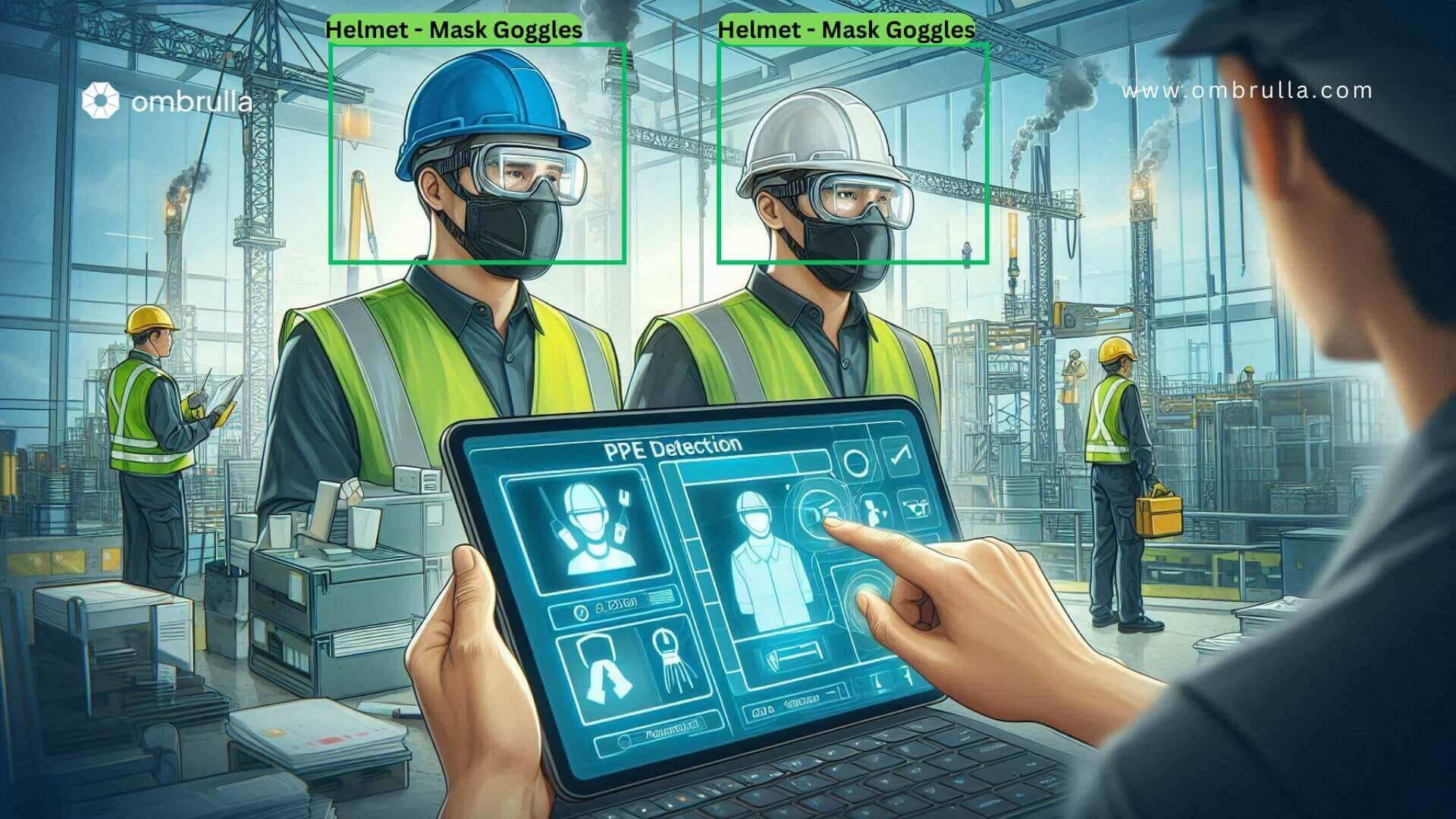 The image shows the personal protective equipment (PPE) detection in the oil and gas industry and indicates the  workers wearing helmets, masks, and goggles in an industrial setting. A digital tablet displays a PPE detection interface, identifying the workers' safety gear. The visual emphasizes real-time monitoring of compliance with safety protocols using AI technology.