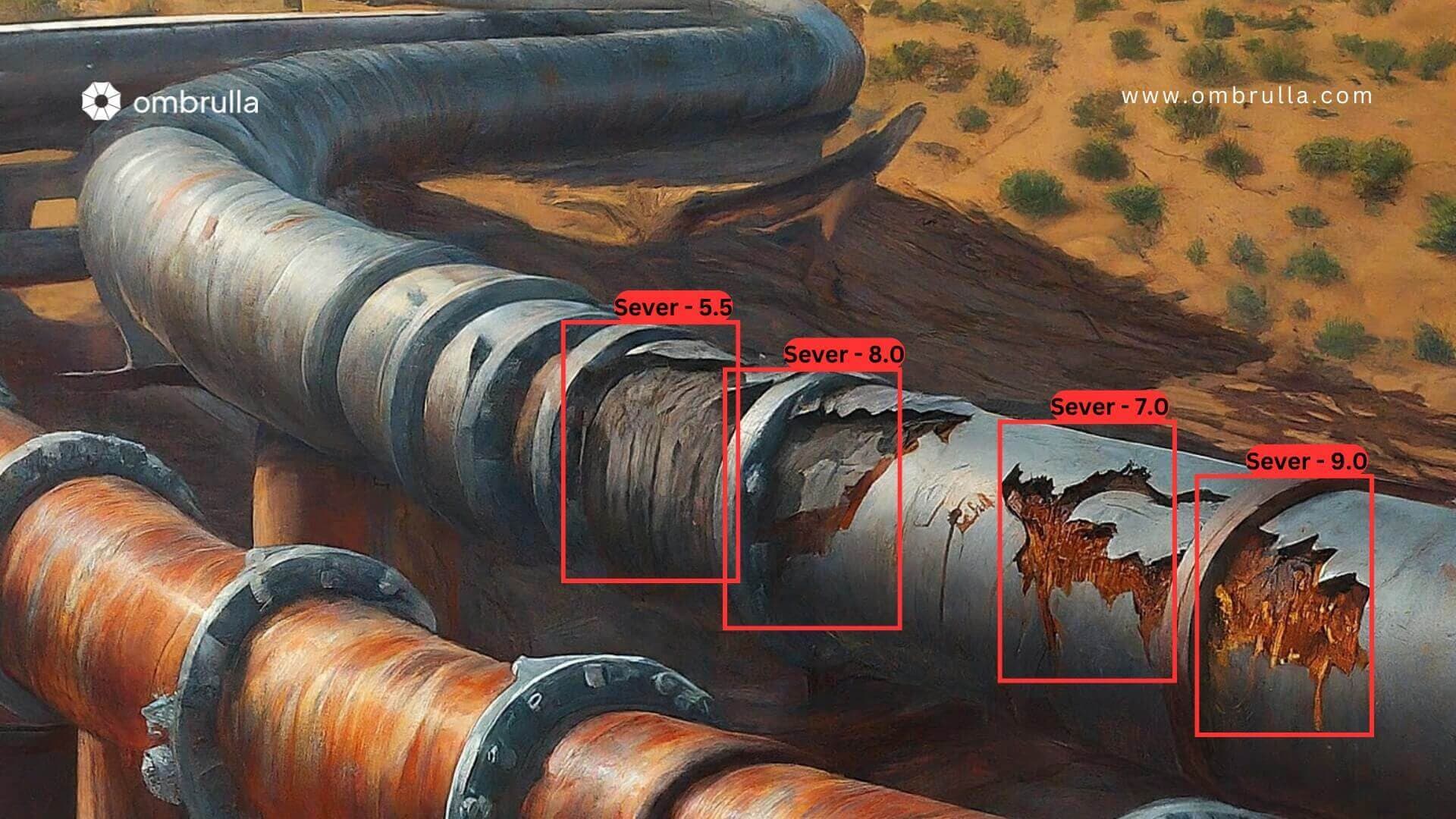 The image depicts pipeline corrosion detection in the oil and gas industry and several segments of a pipeline with highlighted areas showing different severity levels of corrosion, ranging from 5.5 to 9.0. The affected sections are marked in red with corresponding severity scores, emphasizing the deterioration of the pipeline surface.