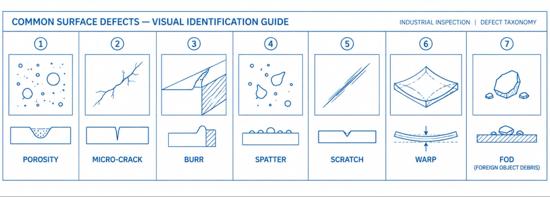 Field-guide style chart of the seven core surface defect categories