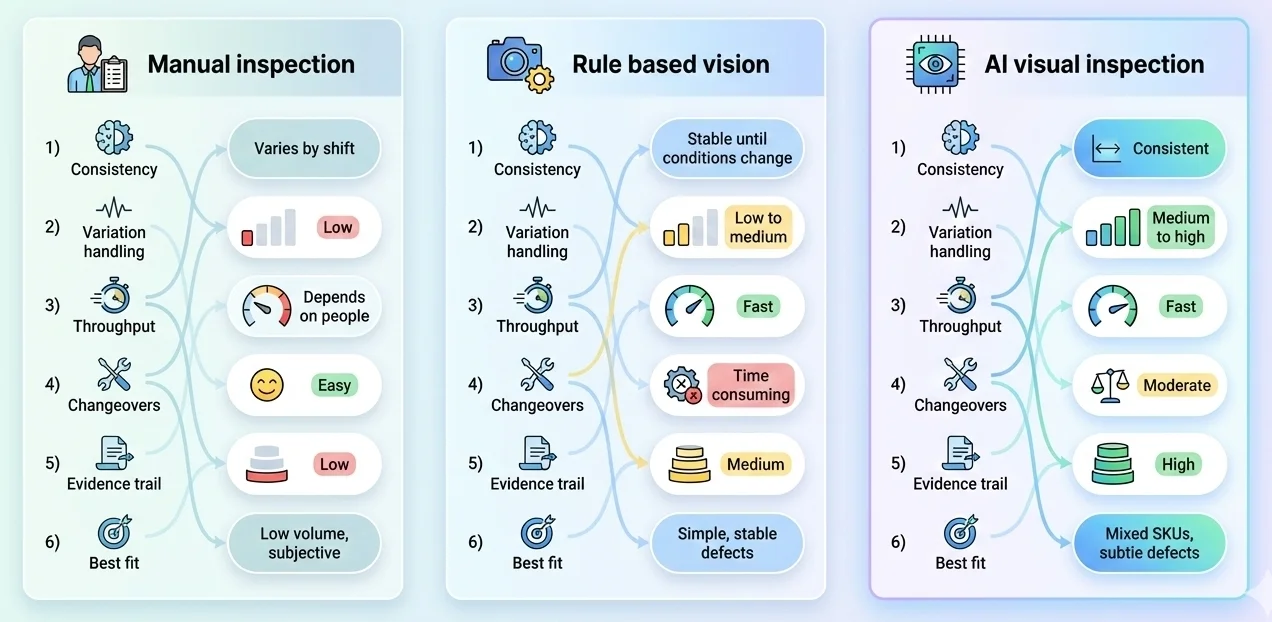 Scorecard infographic comparing manual inspection, rule based vision, and AI visual inspection across consistency, variation handling, throughput, changeovers, evidence trail, and best fit
