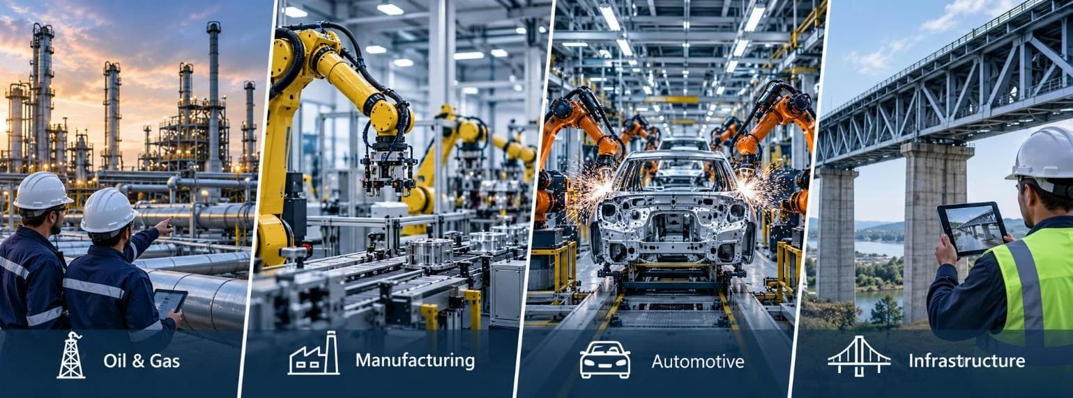 Industrial asset performance management applications across automotive manufacturing, oil and gas platforms, and energy and utilities infrastructure