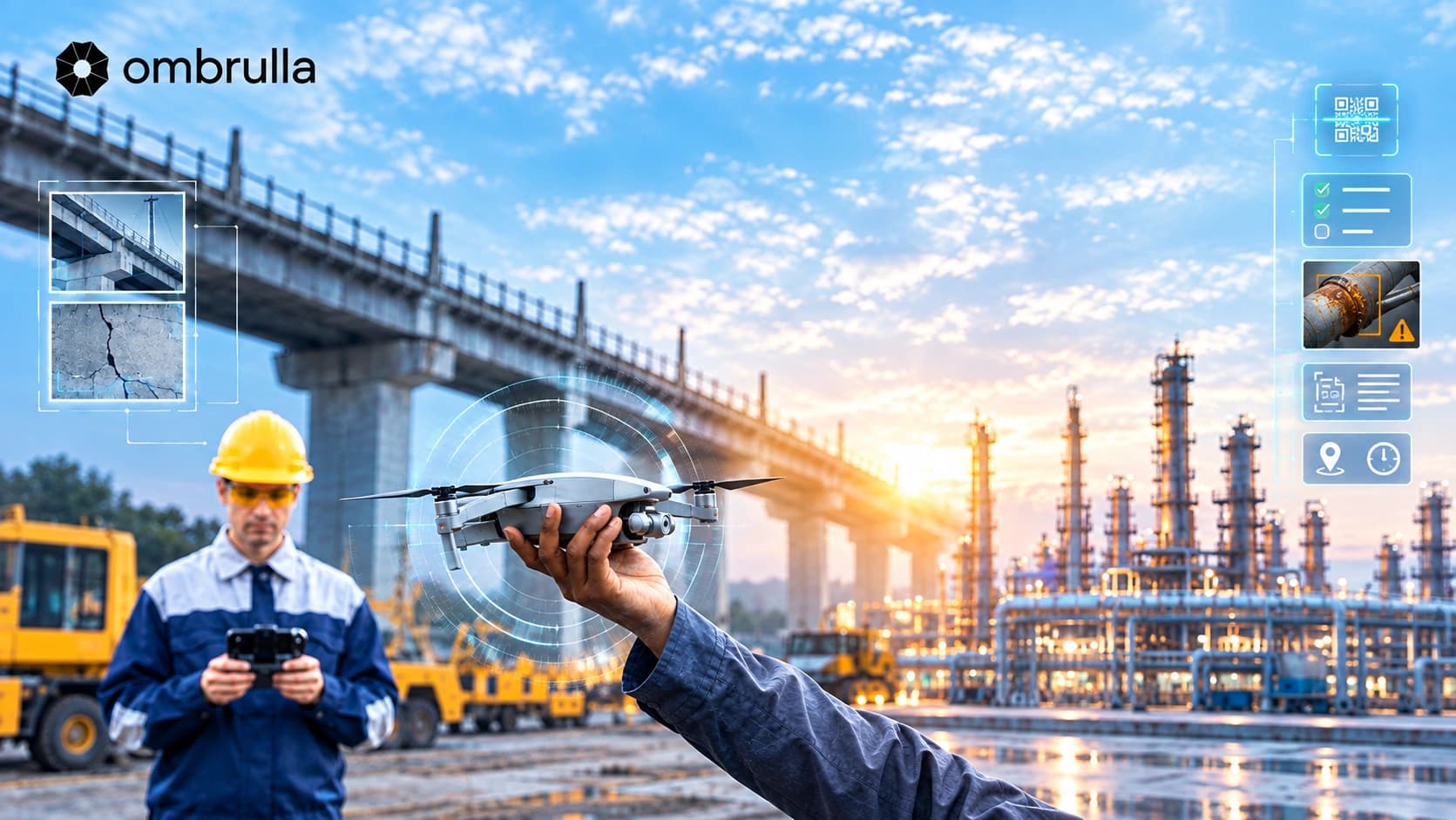 AI-powered drone conducting infrastructure inspection with computer vision technology for precision monitoring and defect detection