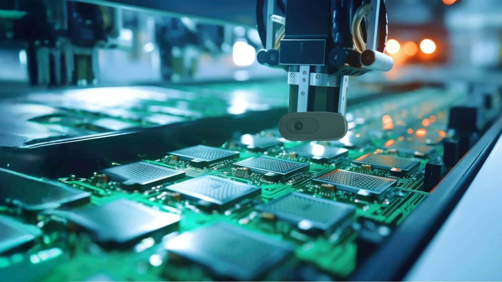 Industrial production line with AI-powered cameras performing automated visual inspection across multiple manufacturing sectors