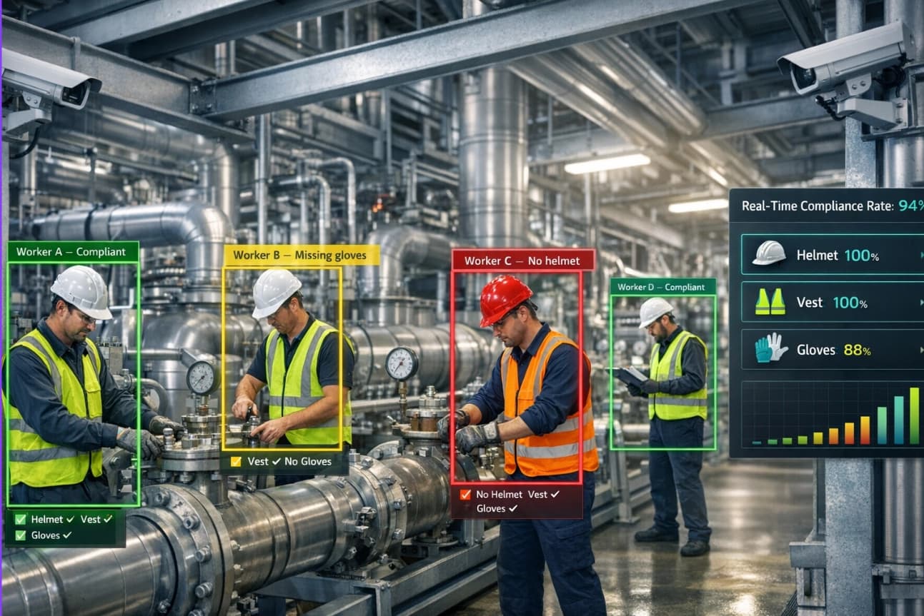 AI PPE compliance monitoring in an oil refinery with worker bounding boxes and real-time compliance dashboard