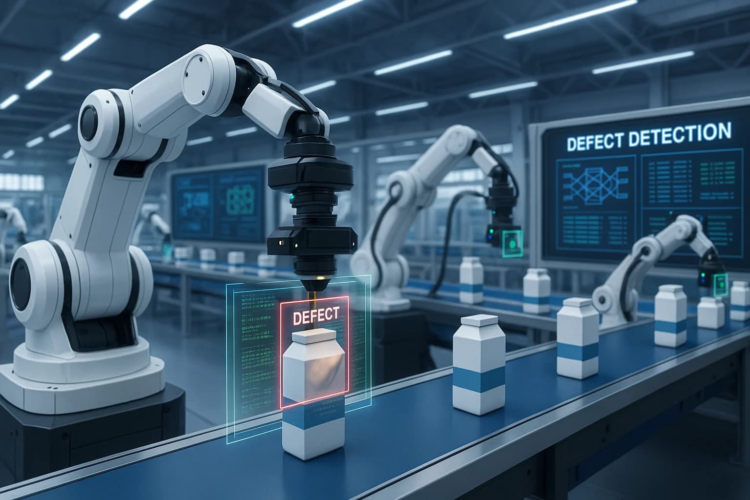 Banner showing AI defect detection system improving quality control accuracy and speed in manufacturing