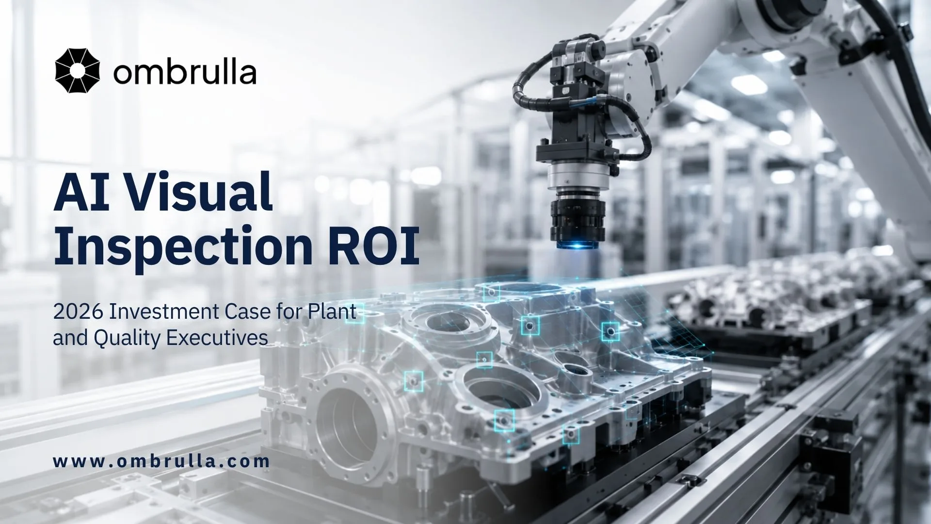 Technical illustration of an automated AI visual inspection system scanning a component on a conveyor belt