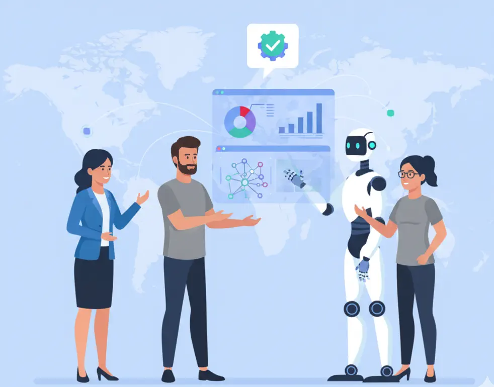 A vector illustration showcasing five key shifts for business growth, transitioning from productivity to performance with agentic AI.