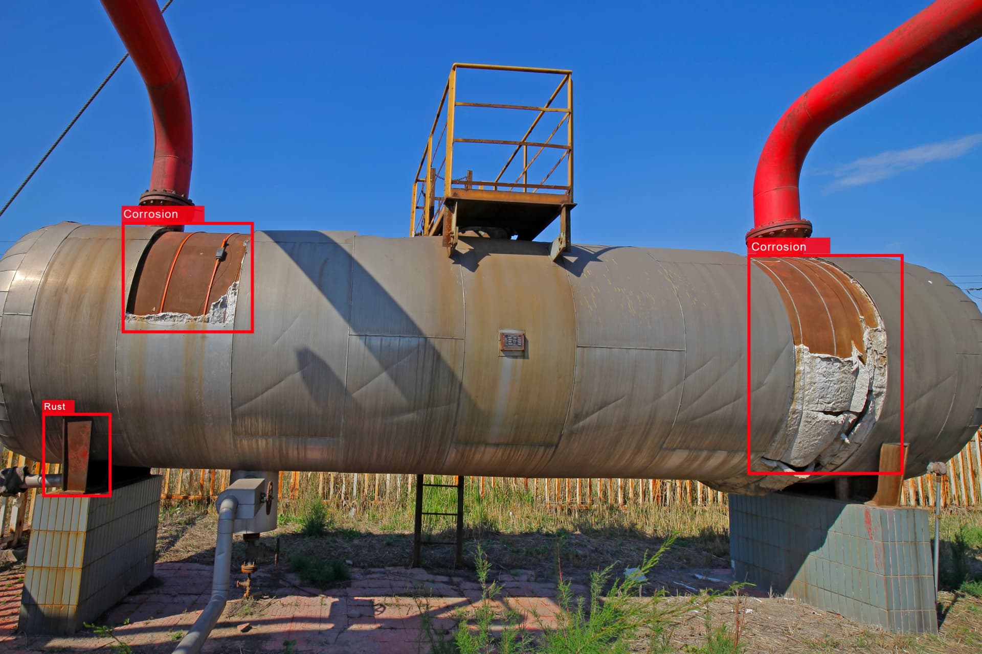 Industrial pipeline with damage marked, showcasing AI infrastructure inspection for safety and efficiency.