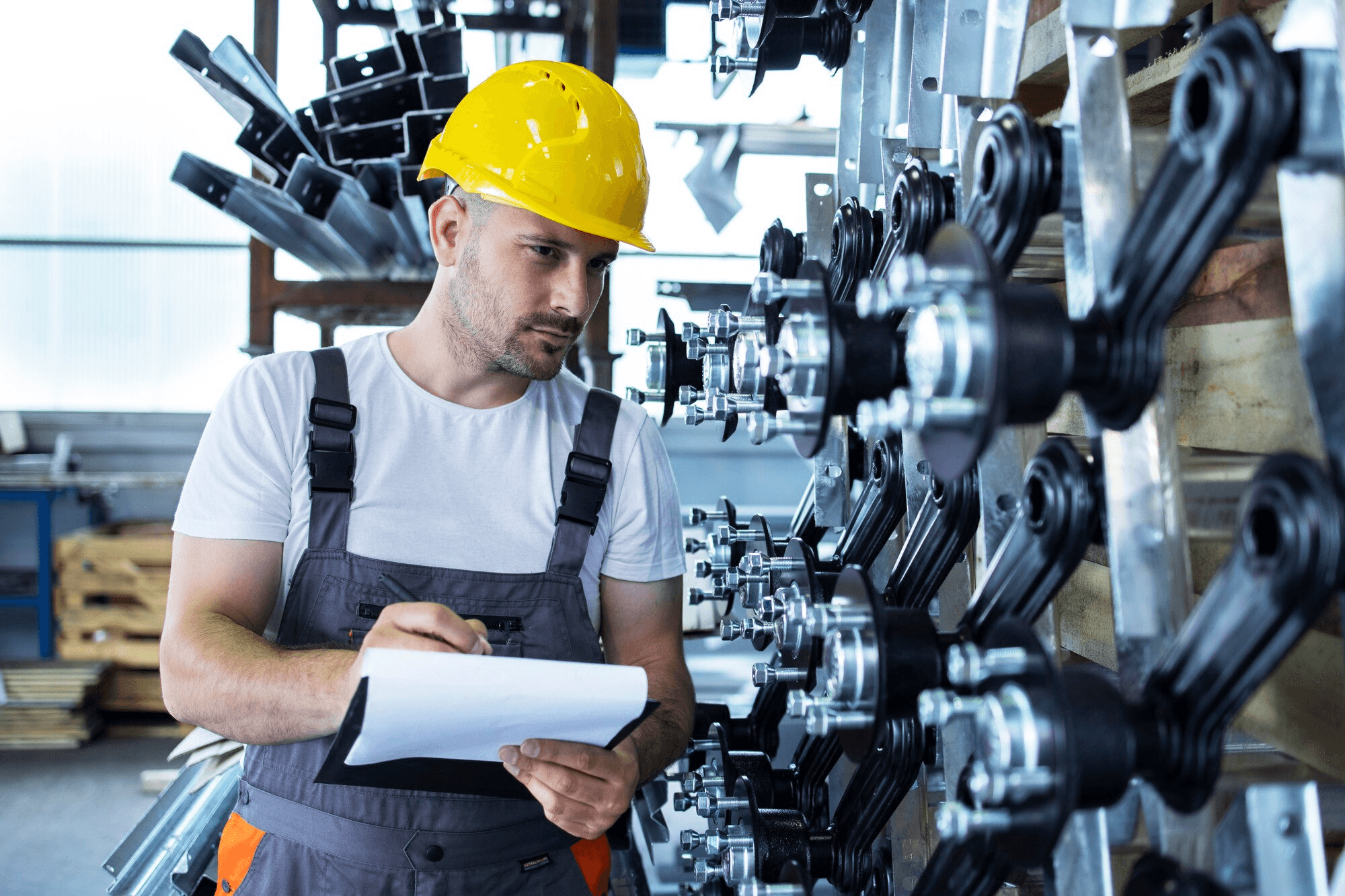 A quality control inspector examining metal components in a manufacturing facility.