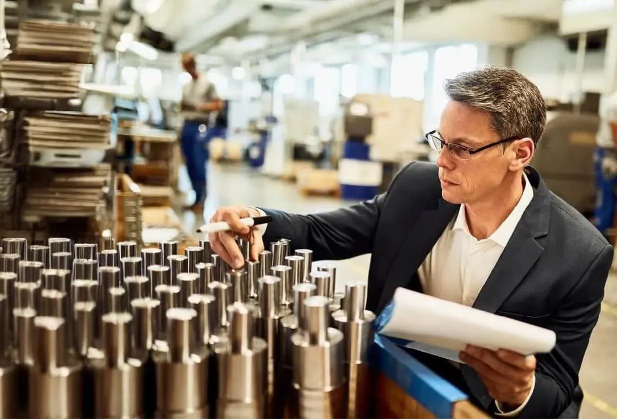 A quality control inspector examining metal components in a manufacturing facility.