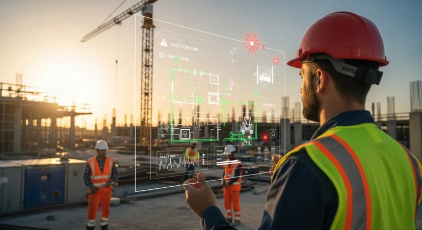 Construction workers equipped with AI-driven tracking and predictive safety technology to reduce on-site risks and boost project efficiency
