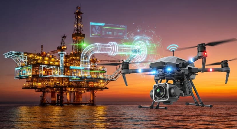Drones and AI-powered visual inspection systems analyzing oil rigs and refineries to reduce downtime and improve safety in oil and gas operations