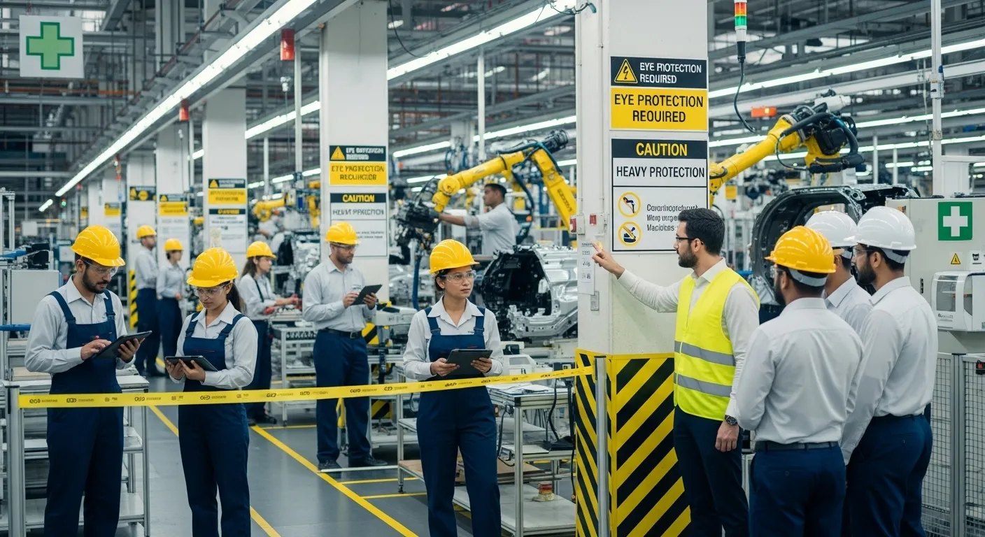AI-driven workplace safety software ensuring compliance and monitoring workers on automotive factory floors