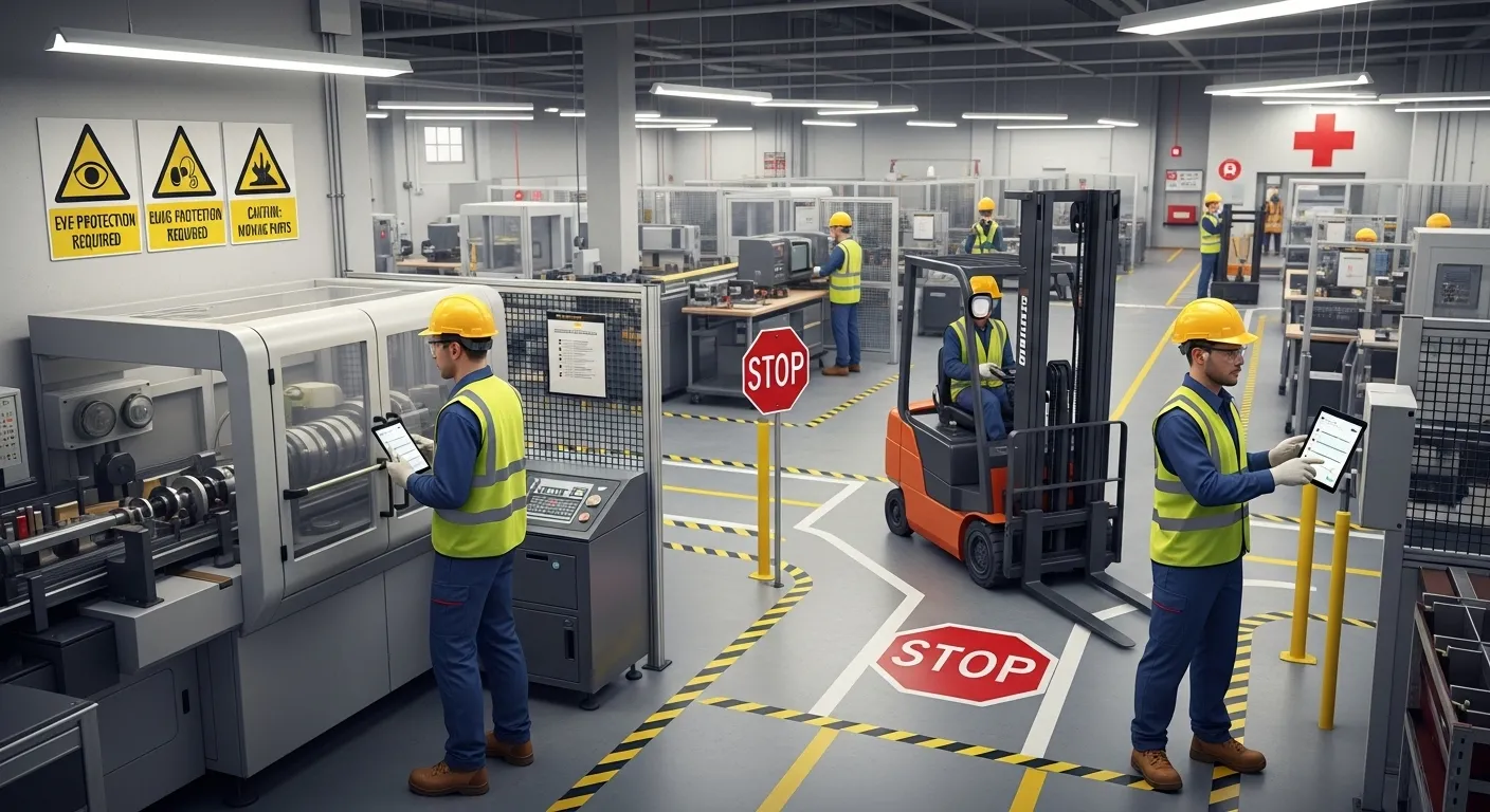 AI-powered workplace safety software protecting factory workers with real-time monitoring and predictive alerts