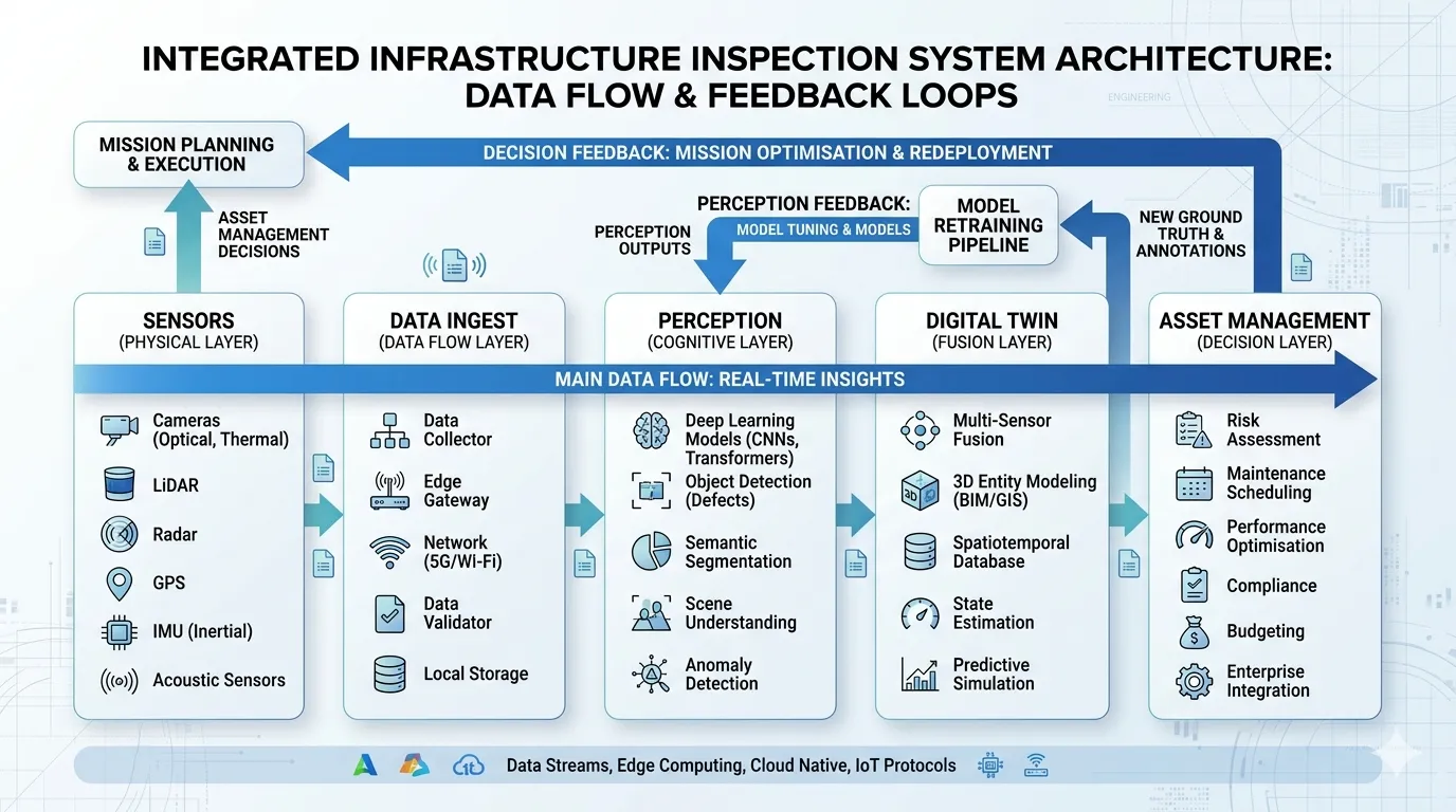 Five-layer modular architecture showing Acquisition, Data Management, Perception, Asset Modeling, and Decision Support layers with integration interfaces.