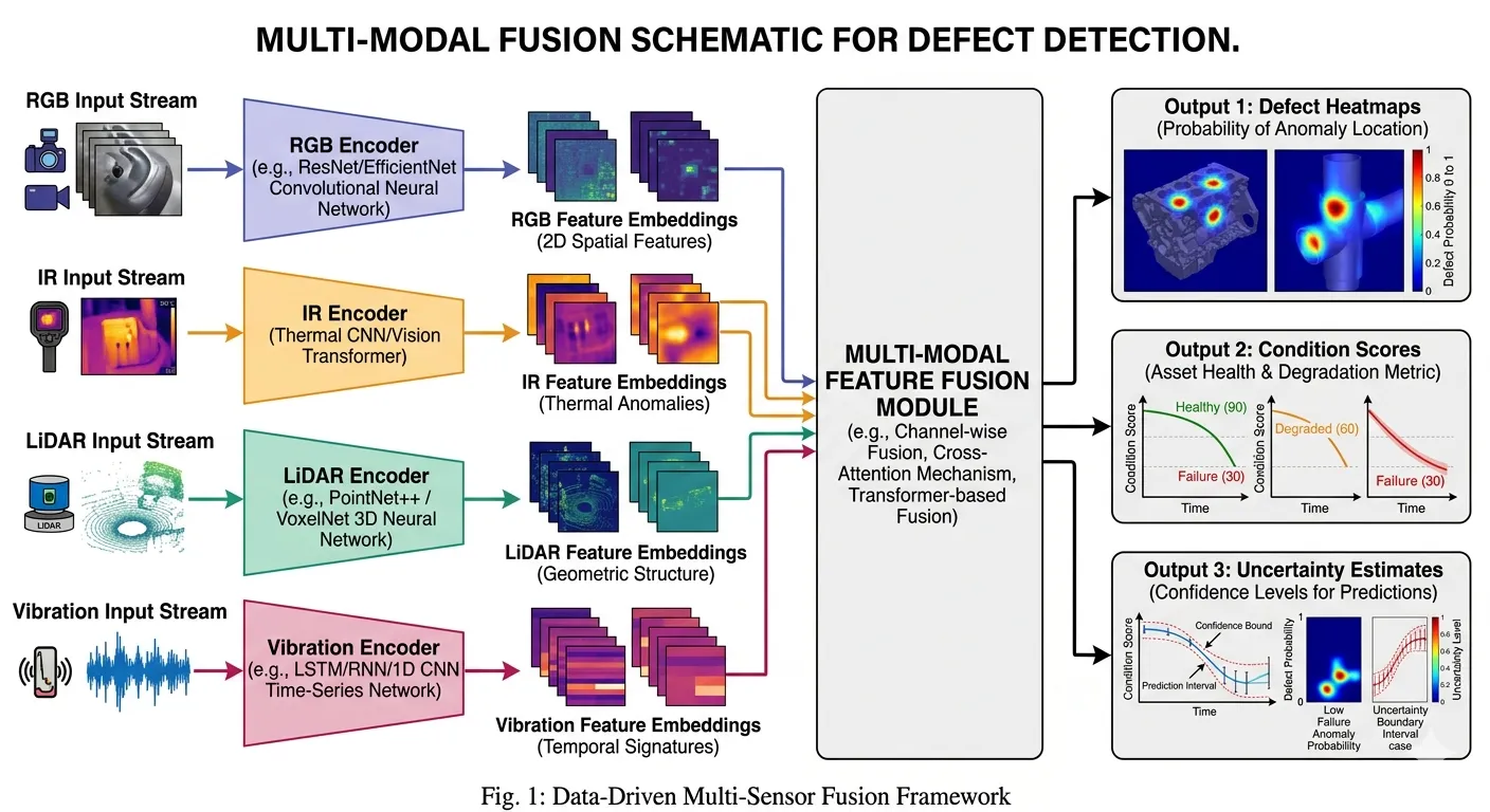 Multi-modal fusion architecture combining RGB, infrared, LiDAR, and vibration inputs through early, mid-level, and late fusion strategies.