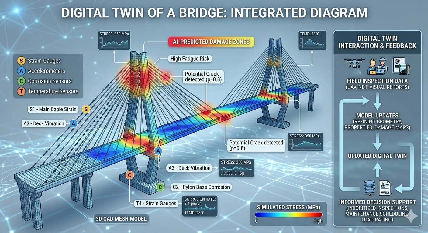 Physics-informed digital twin architecture integrating BIM geometry, finite element models, live sensor data, and AI surrogates for structural prognosis.