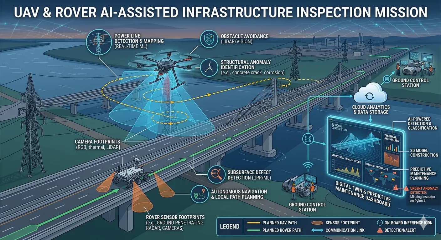 UAV and UGV inspection platform architecture showing multi-sensor payloads, edge AI hardware, RTK-GNSS positioning, and communication interfaces.