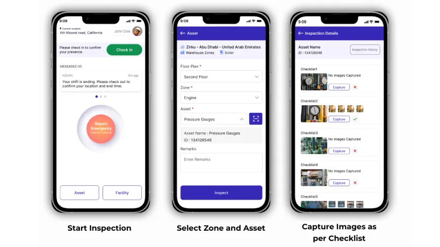 AI-based asset inspection via mobile app for asset performance management, capturing images from a checklist and automatically generating inspection reports.