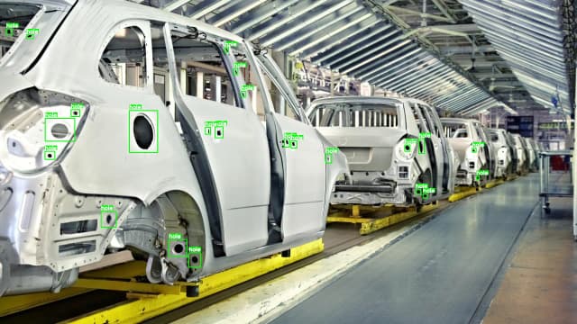  AI visual inspection in automobile industry detecting paint scratches, dents, decal placement errors, and weld seam defects for improved safety and quality.