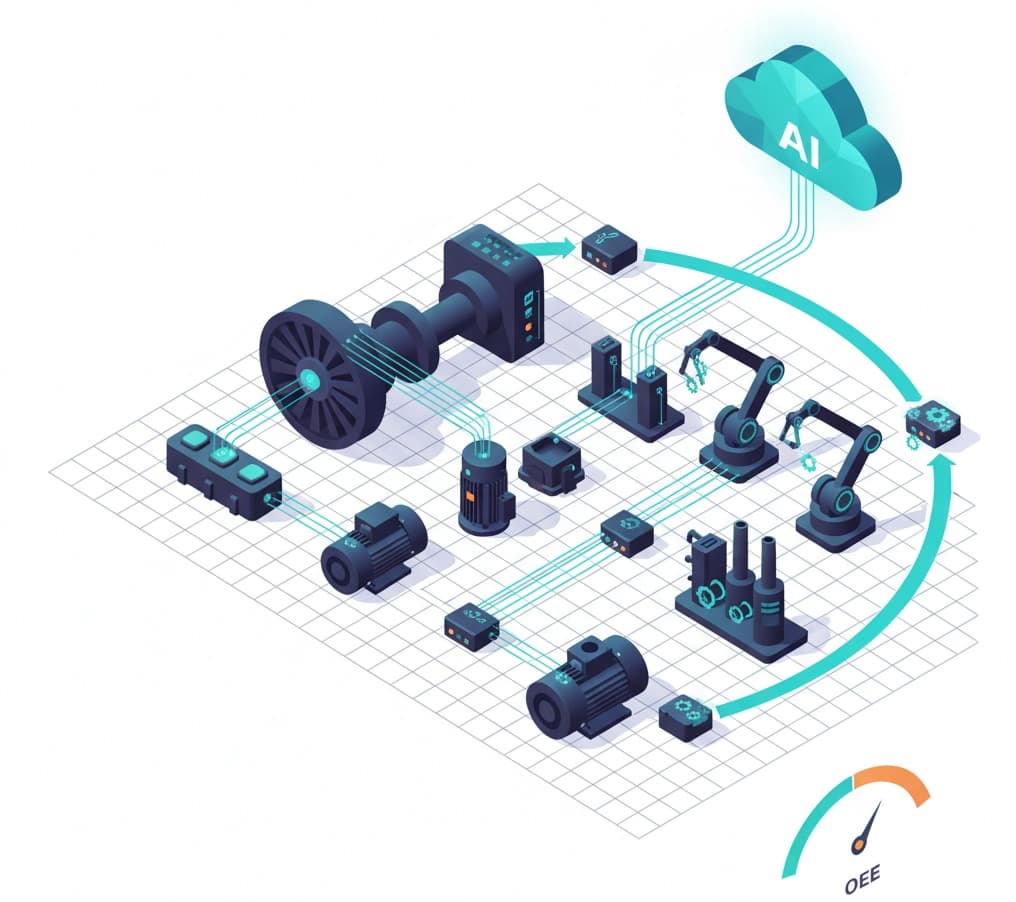 Banner illustrates the fusion of AI and IoT in unified APM to predict equipment failures, automate actions, and improve overall equipment effectiveness.