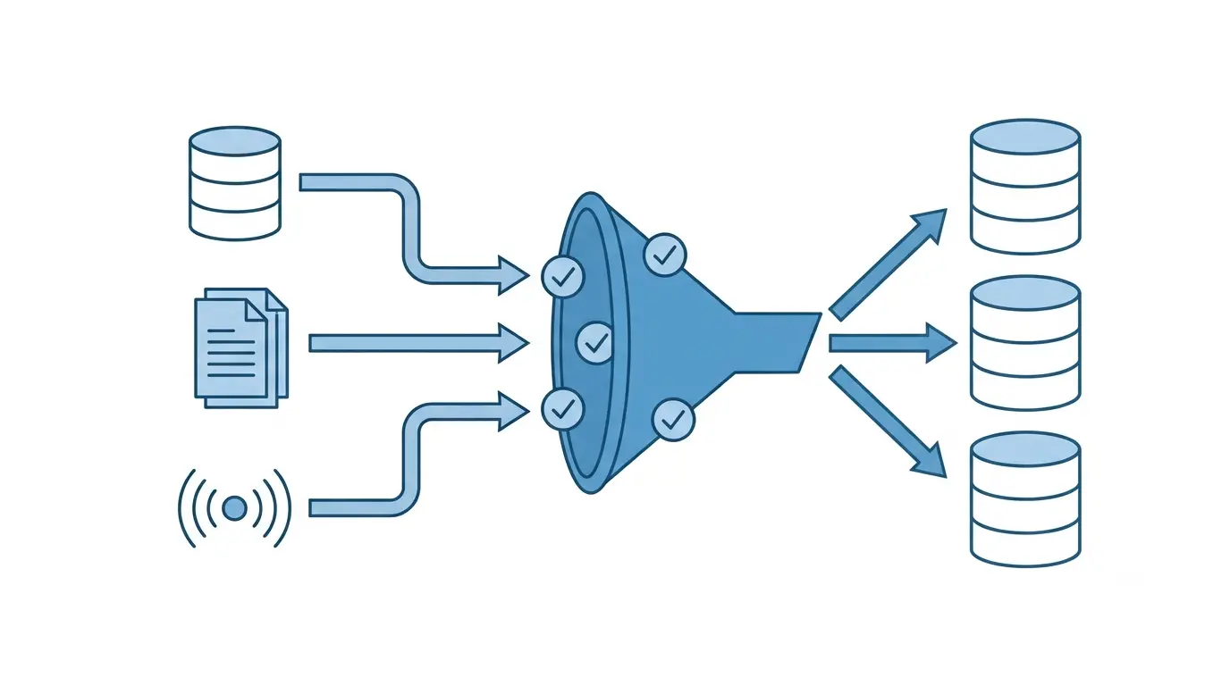 2D blue vector diagram illustrating data ingestion, featuring a database cylinder, document stack, and sensor icon flowing into a central funnel labeled with checkmarks, outputting into a single clean database.