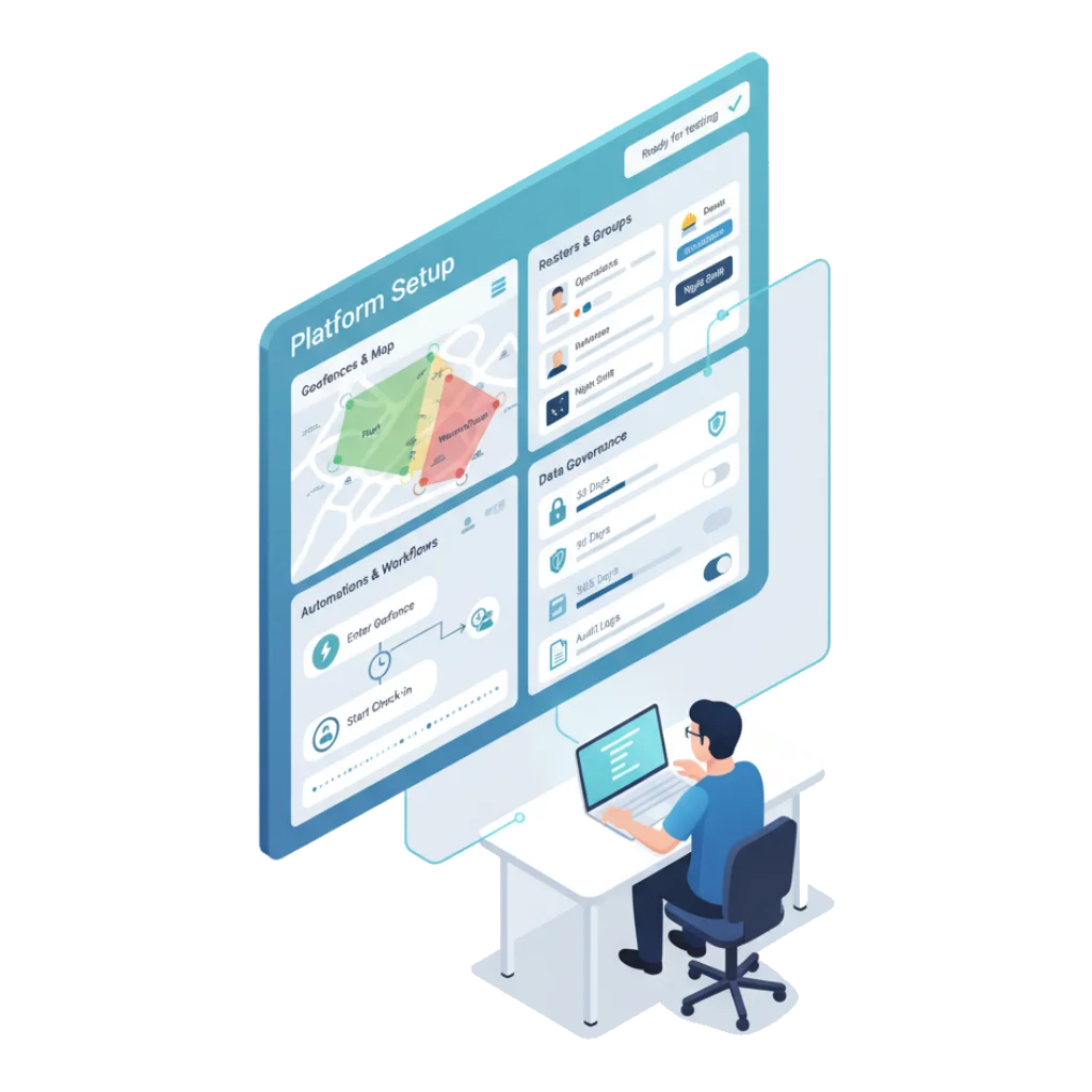 Platform setup showing geofences, rosters, automations, and data retention rules.