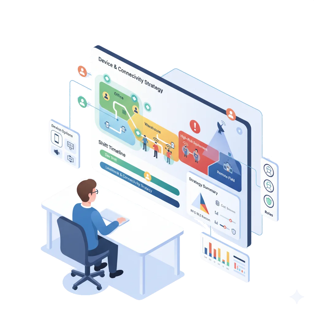 Dashboard mapping roles, shifts, zones, and escalation contacts for lone-worker risk assessment.