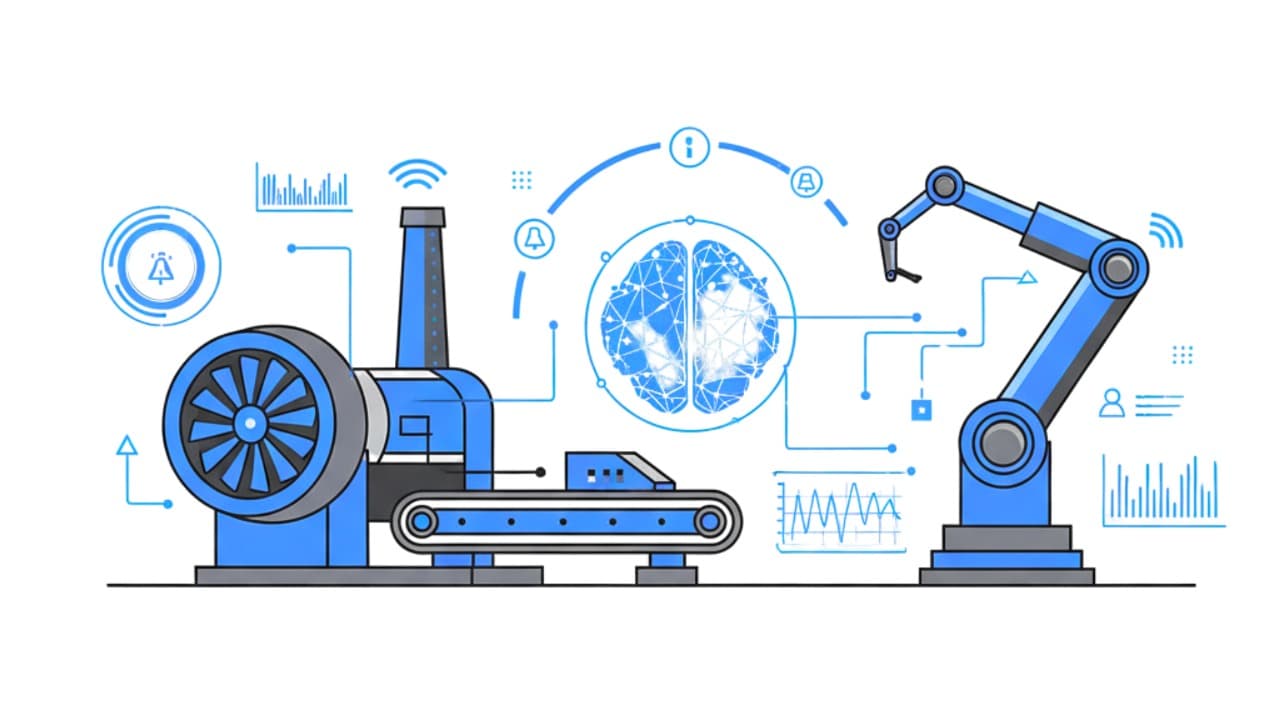 Banner showing predictive maintenance powered by AI, IoT sensors, and real-time analytics to prevent equipment failures and reduce operational costs.
