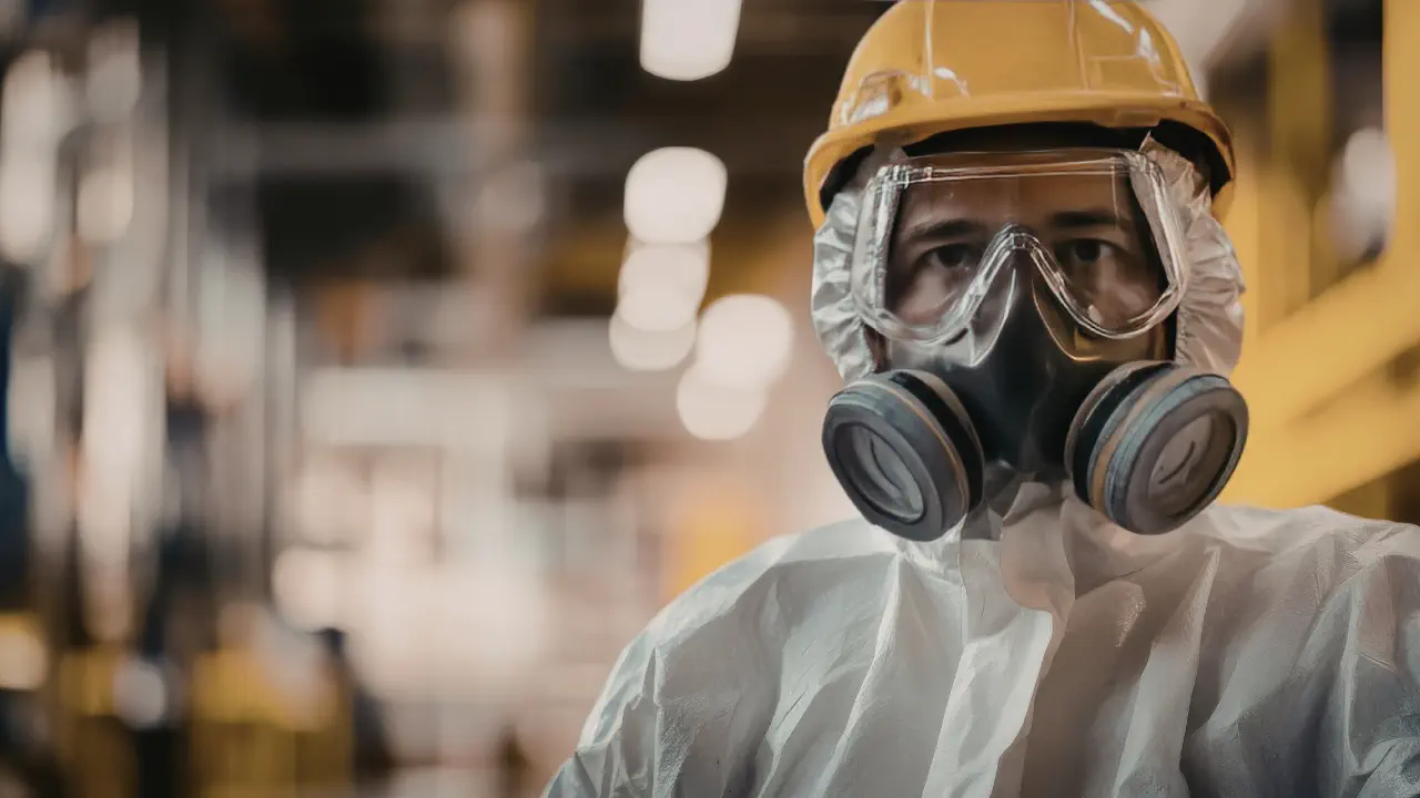 Worker in full protective equipment and respirator monitoring gas exposure in industrial environment