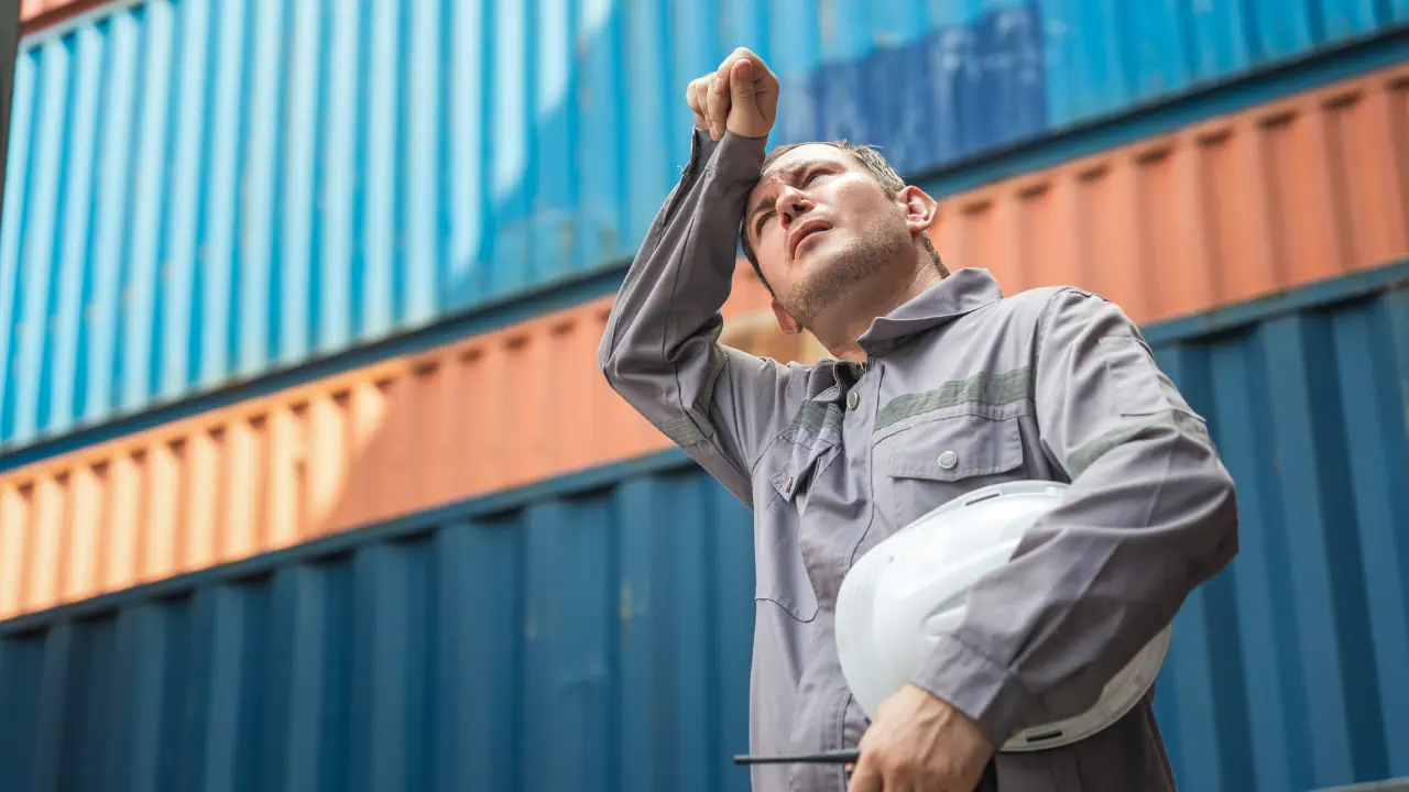 Industrial worker experiencing heat stress in outdoor environment