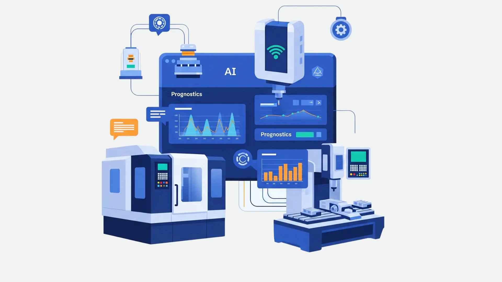 AI-powered predictive maintenance system monitoring CNC machine performance to prevent unexpected failures and optimize uptime.