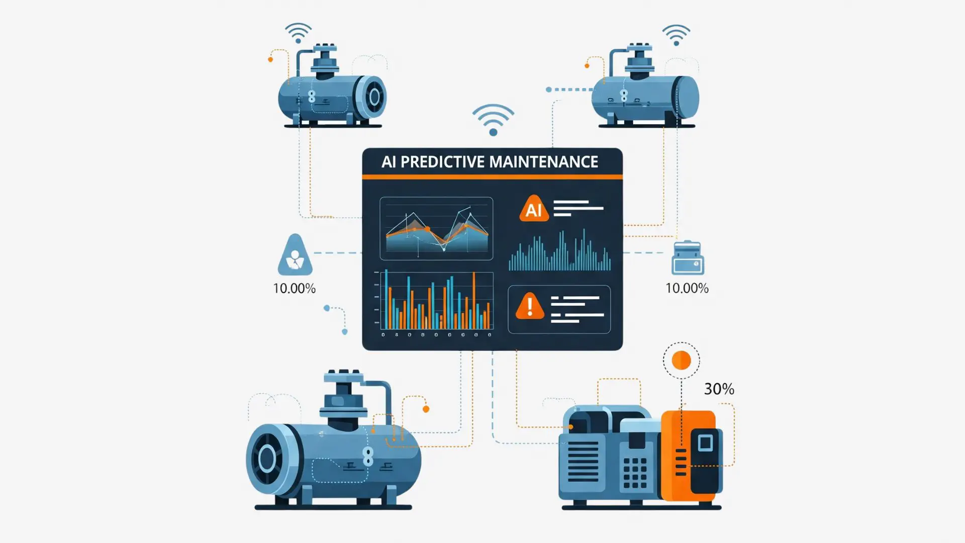 AI-powered predictive maintenance system monitoring compressors and generators to detect faults early, reduce downtime, and extend equipment life.