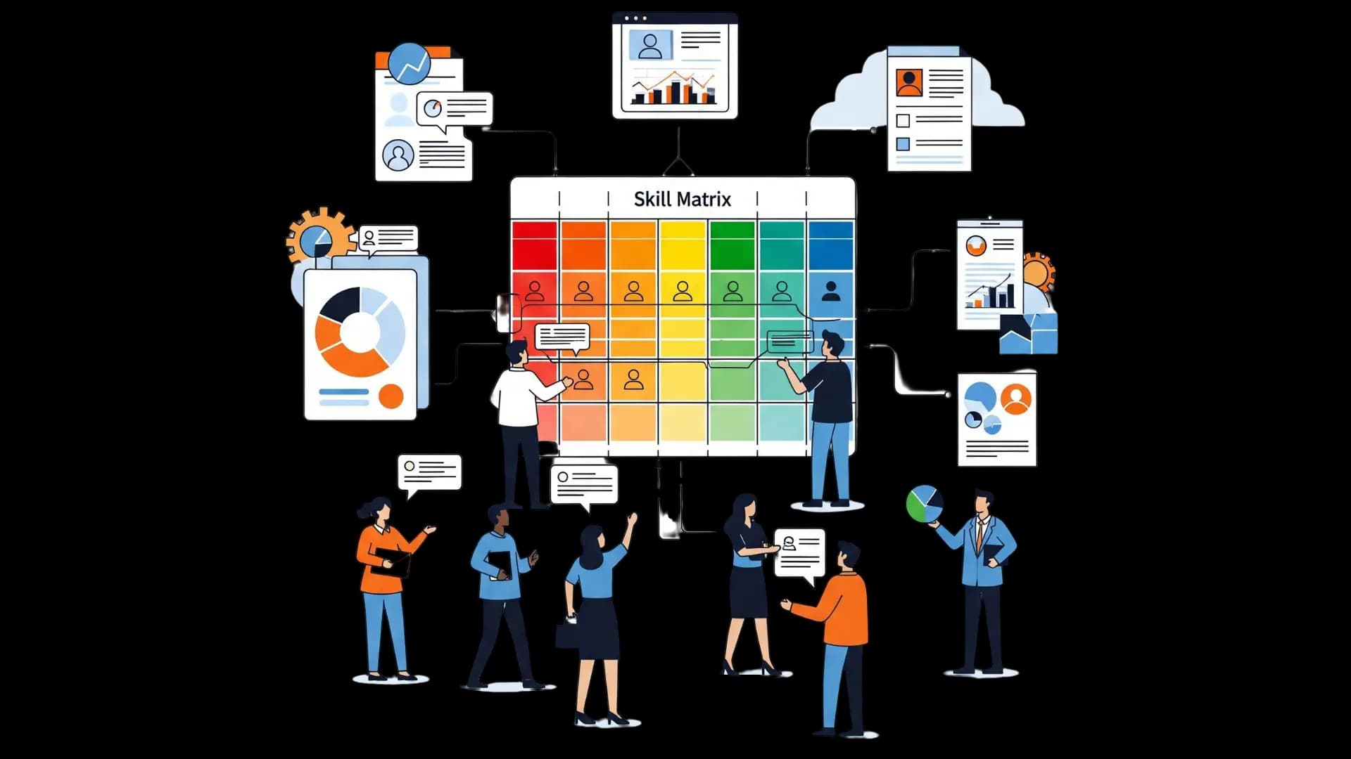 AI system analyzing employee skill matrices to predict performance and optimize workforce allocation.