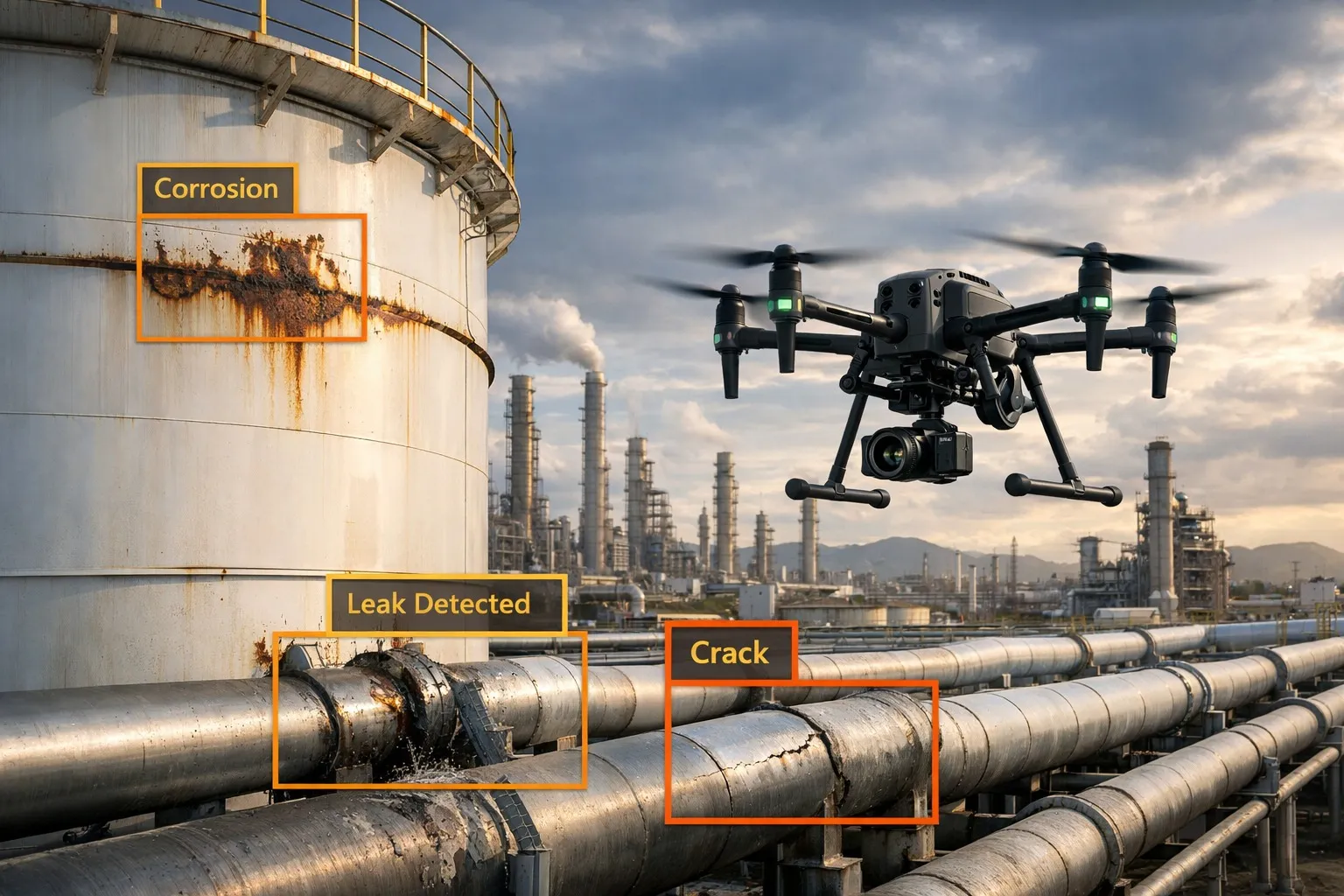 Drone capturing video of oil and gas storage tanks for AI inspection with AI detection overlays.