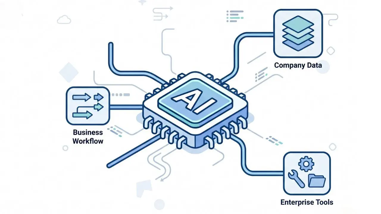 Ombrulla custom AI solutions for enterprise operations - showing GenAI LLM applications, computer vision quality inspection, predictive analytics dashboards, and RAG knowledge assistants integrated with ERP, MES, and CRM systems