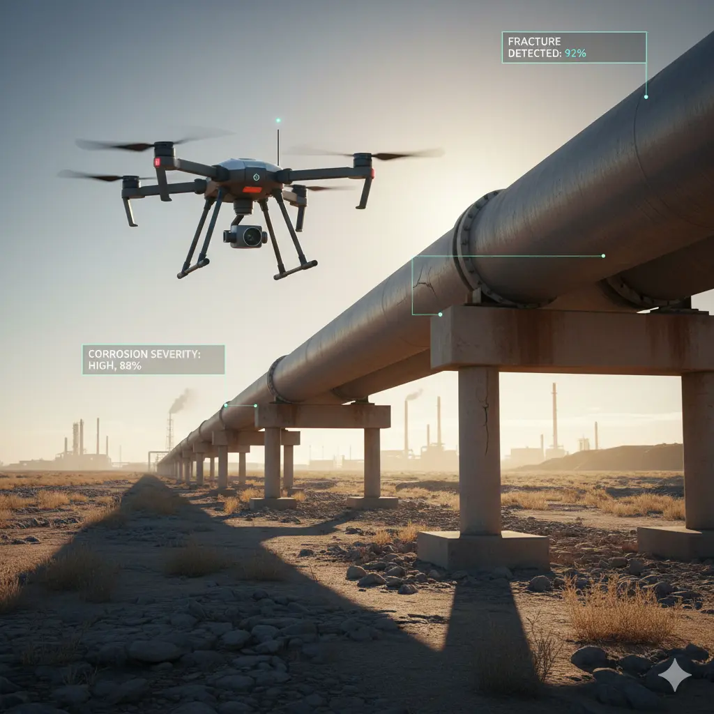 Drone capturing video of oil and gas storage tanks for AI inspection.