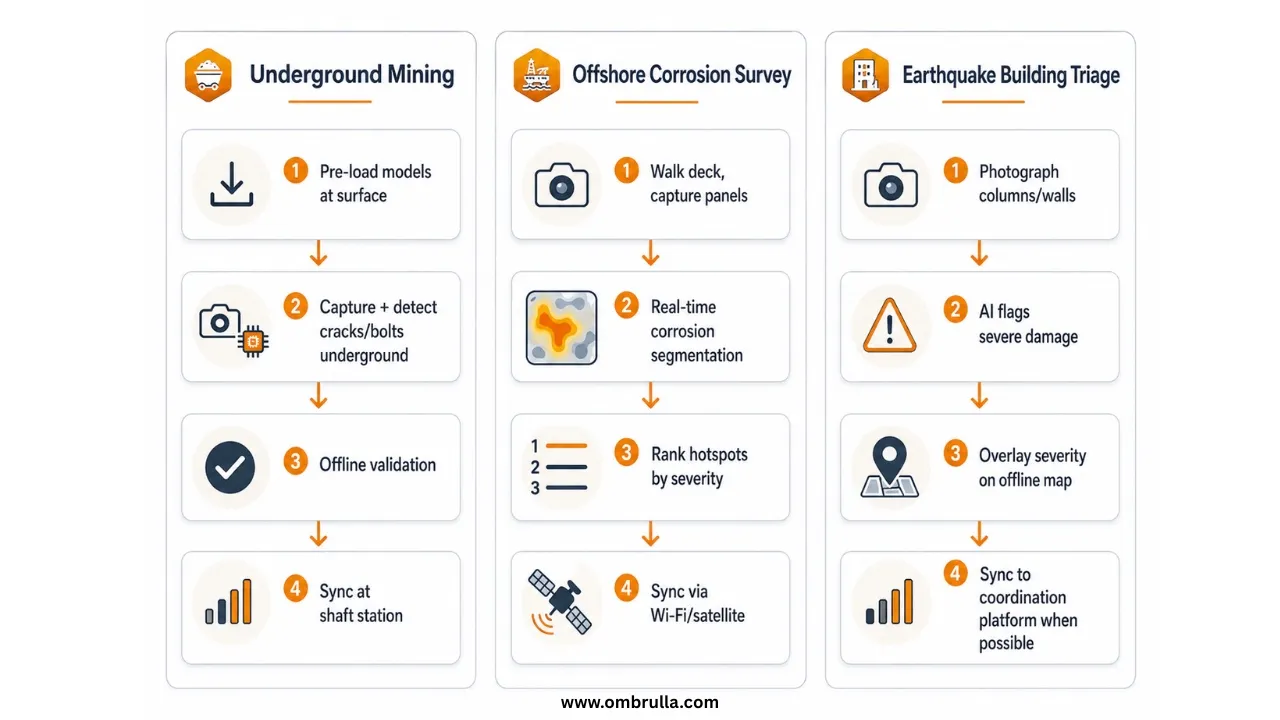 Three side-by-side workflow diagrams illustrating mobile AI inspection deployments in underground mining, offshore corrosion monitoring, and earthquake damage assessment, each showing a four-step operational sequence from data capture to synchronization.