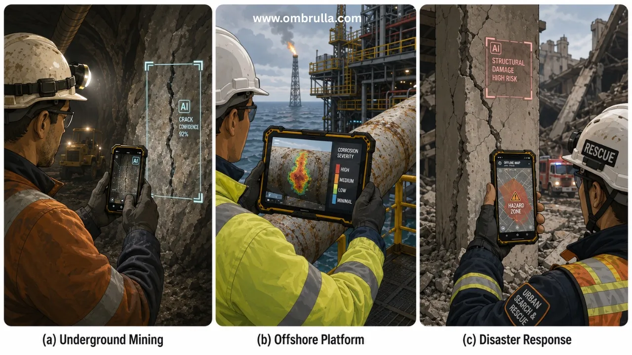 Three-panel illustration showing mobile AI inspection in underground mining, offshore industrial infrastructure, and disaster response environments using rugged mobile devices with AI-assisted defect and hazard detection.