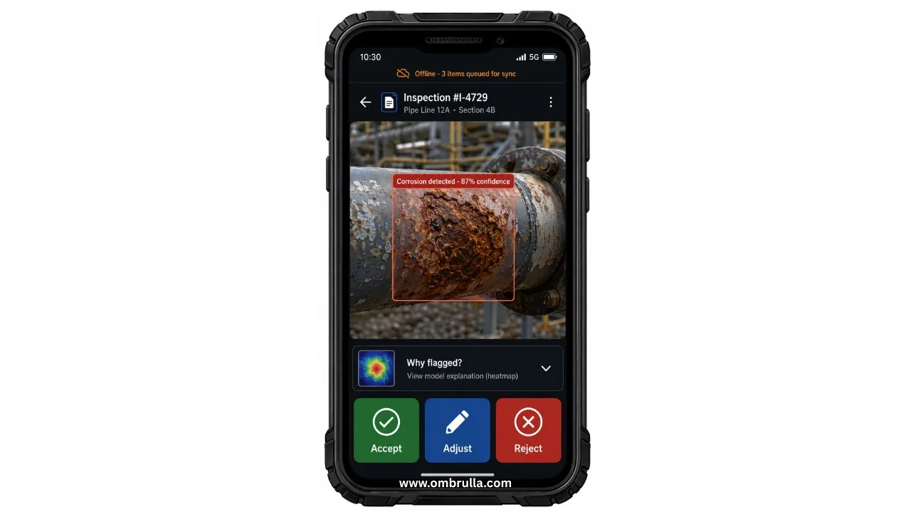 Mobile inspection application interface displaying a corroded pipe image with AI-generated detection overlay, confidence score, explainability controls, inspector validation buttons, and offline synchronization status.