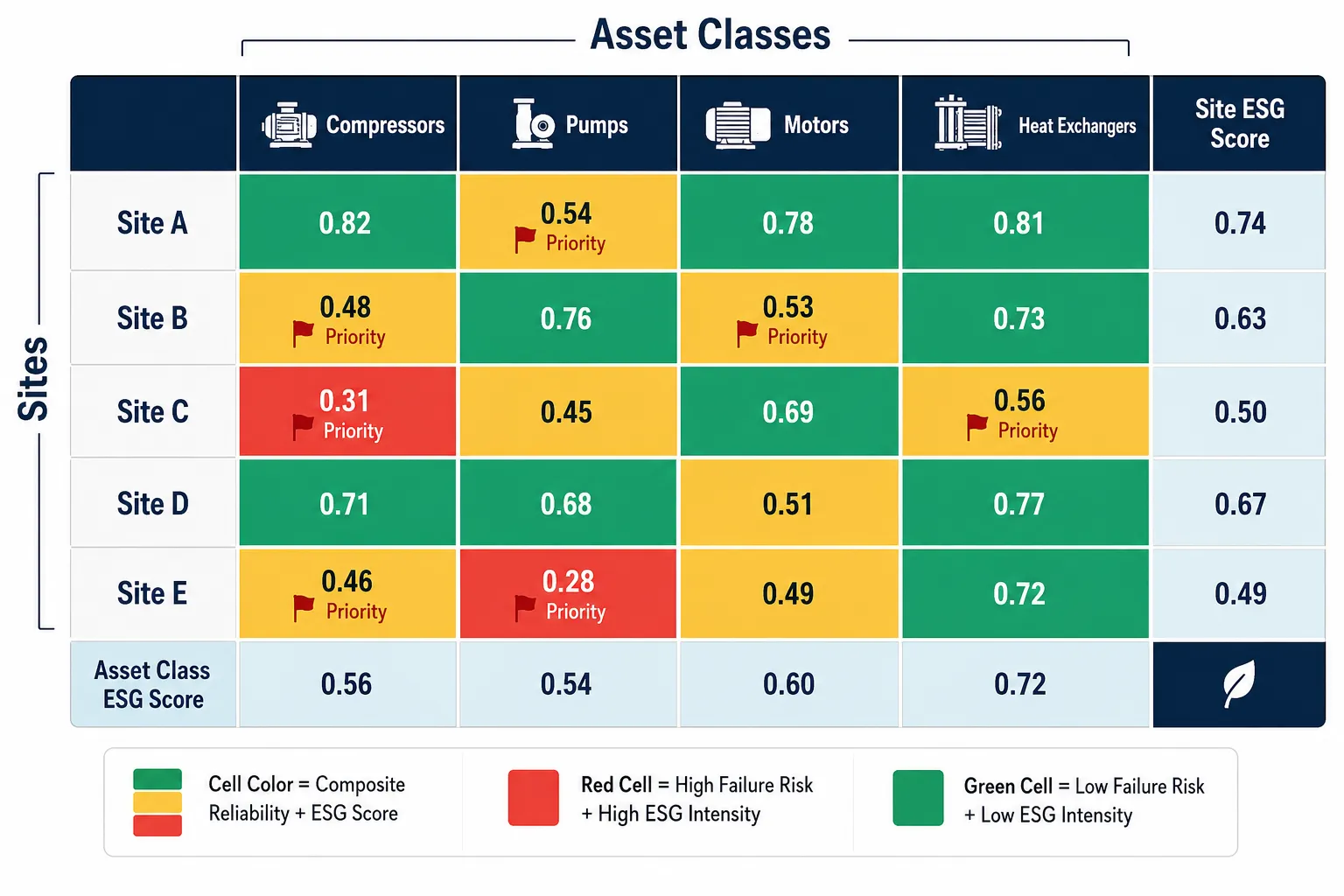 Fleet ESG-reliability benchmarking heatmap showing five sites (Site A through E) as rows and four asset classes (Compressors, Pumps, Motors, Heat Exchangers) as columns. Each cell contains composite reliability and ESG scores colored on a three-tier scale: dark green for high-performing (low failure risk + low ESG intensity), amber for mid-range, red for underperforming (high failure risk + high ESG intensity). Red and amber cells display priority flags. Right column shows Site ESG Score aggregates; bottom row shows Asset Class ESG Score aggregates. Legend explains color coding and priority designation.