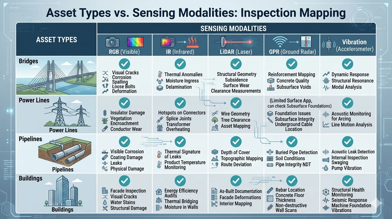 Matrix mapping asset classes (bridges, power lines, pipelines, industrial plants) to defect types and sensing modalities.